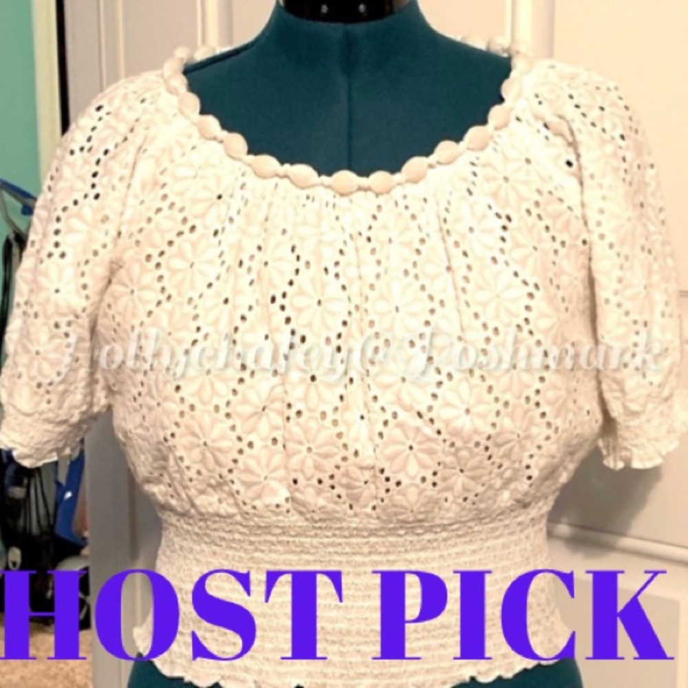 SOLD Ryu: Floral Eyelet Smocked top with neck detail